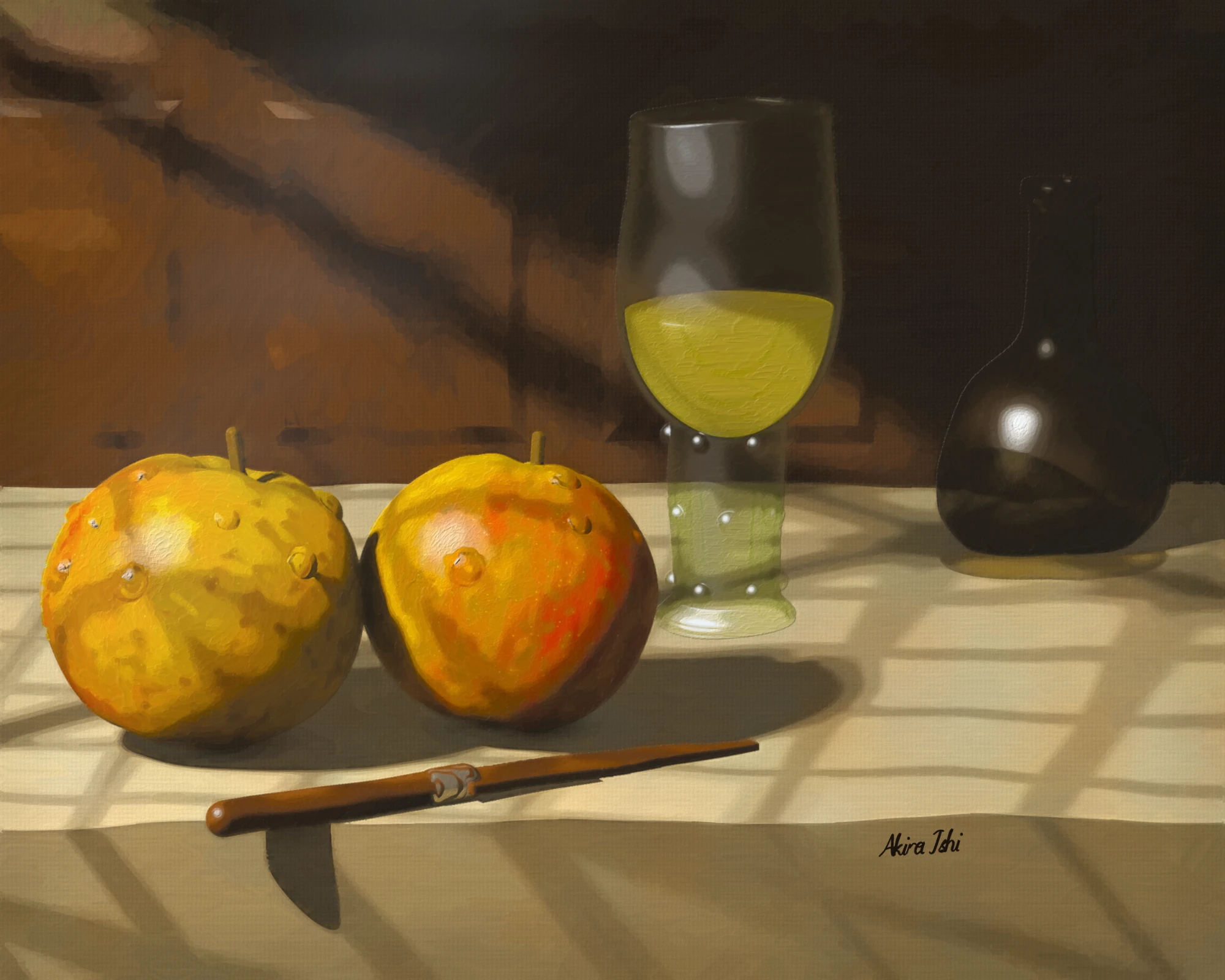 Still life with two apples, a glass of pale green wine and a dark bottle on a table in window light