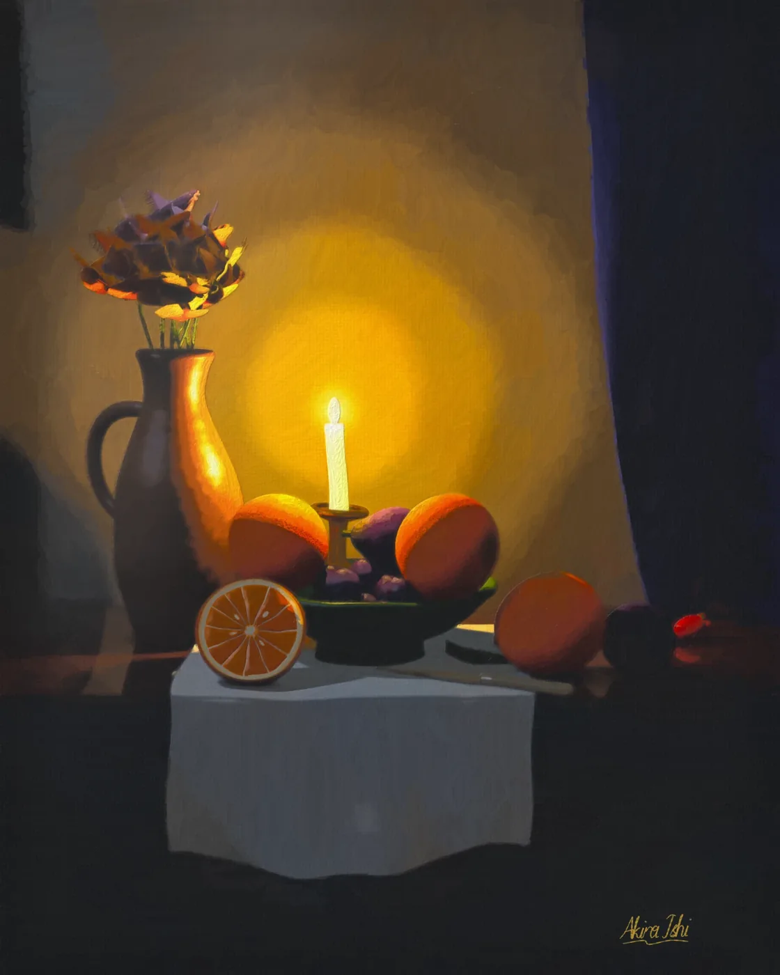 Candlelit still life: a lit candle over a bowl of oranges and plums, a halved orange and a vase of dark flowers on a white cloth