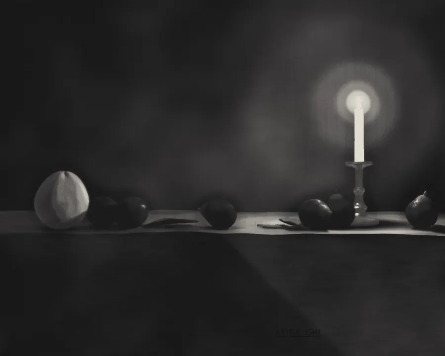 Charcoal still life: figs and plums beside a burning candle in the dark