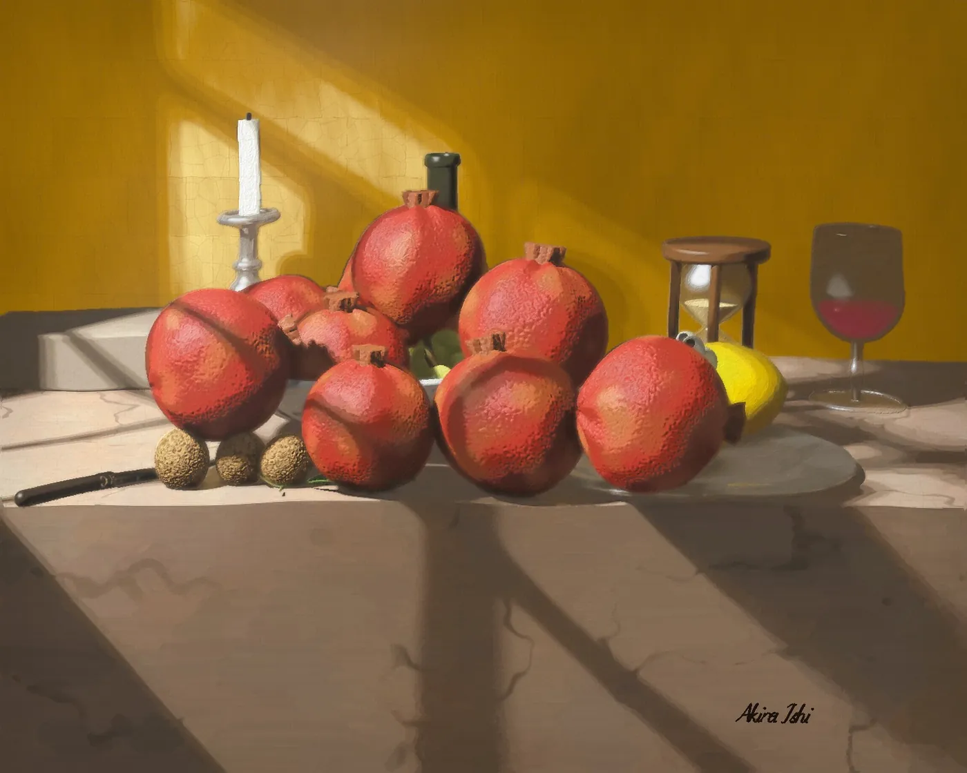A generated still life in oil: pomegranates, a candlestick and an hourglass on a table against a golden wall