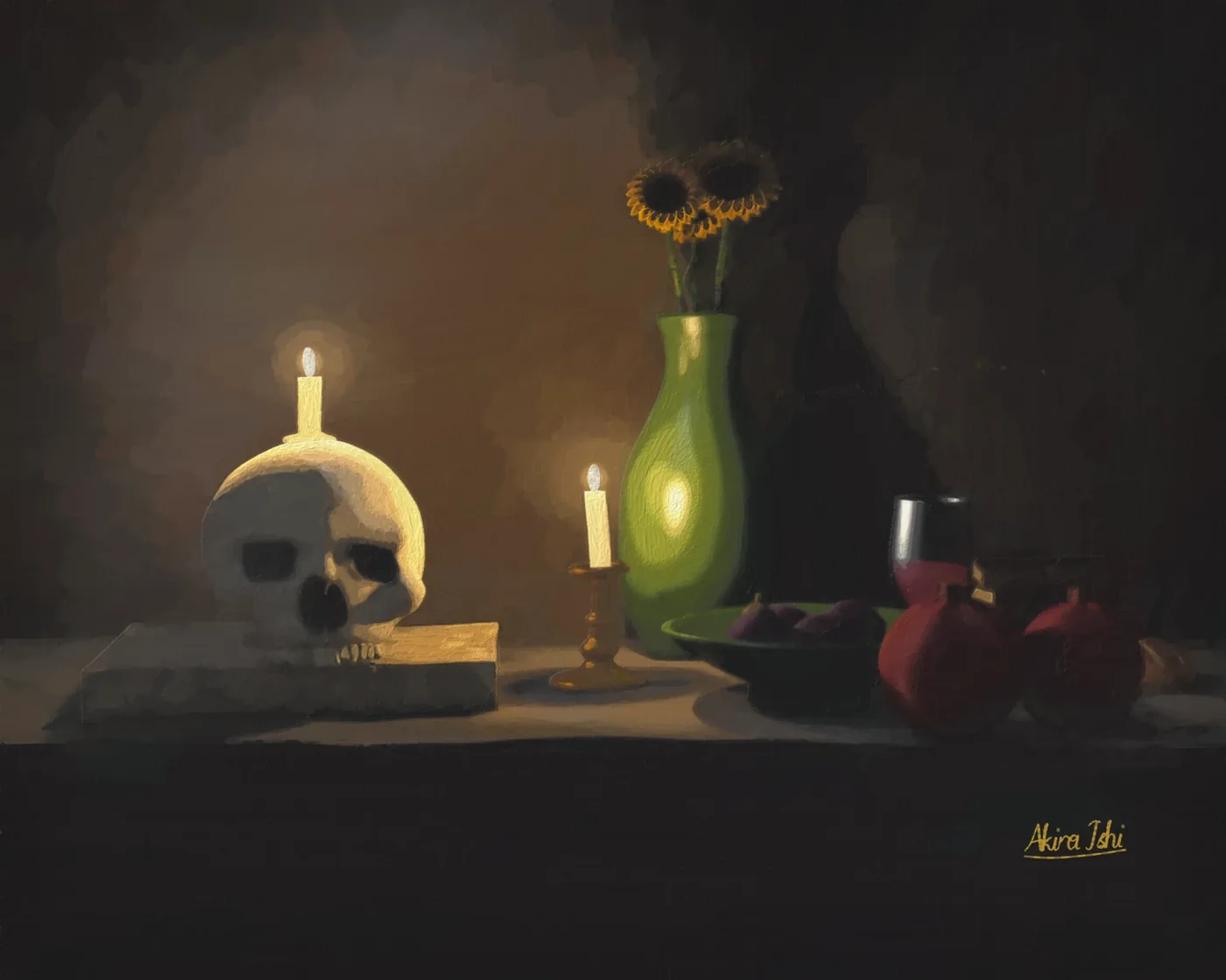 Vanitas still life: a skull with a lit candle on its crown, a second candle, a green vase of sunflowers, figs, red wine and pomegranates