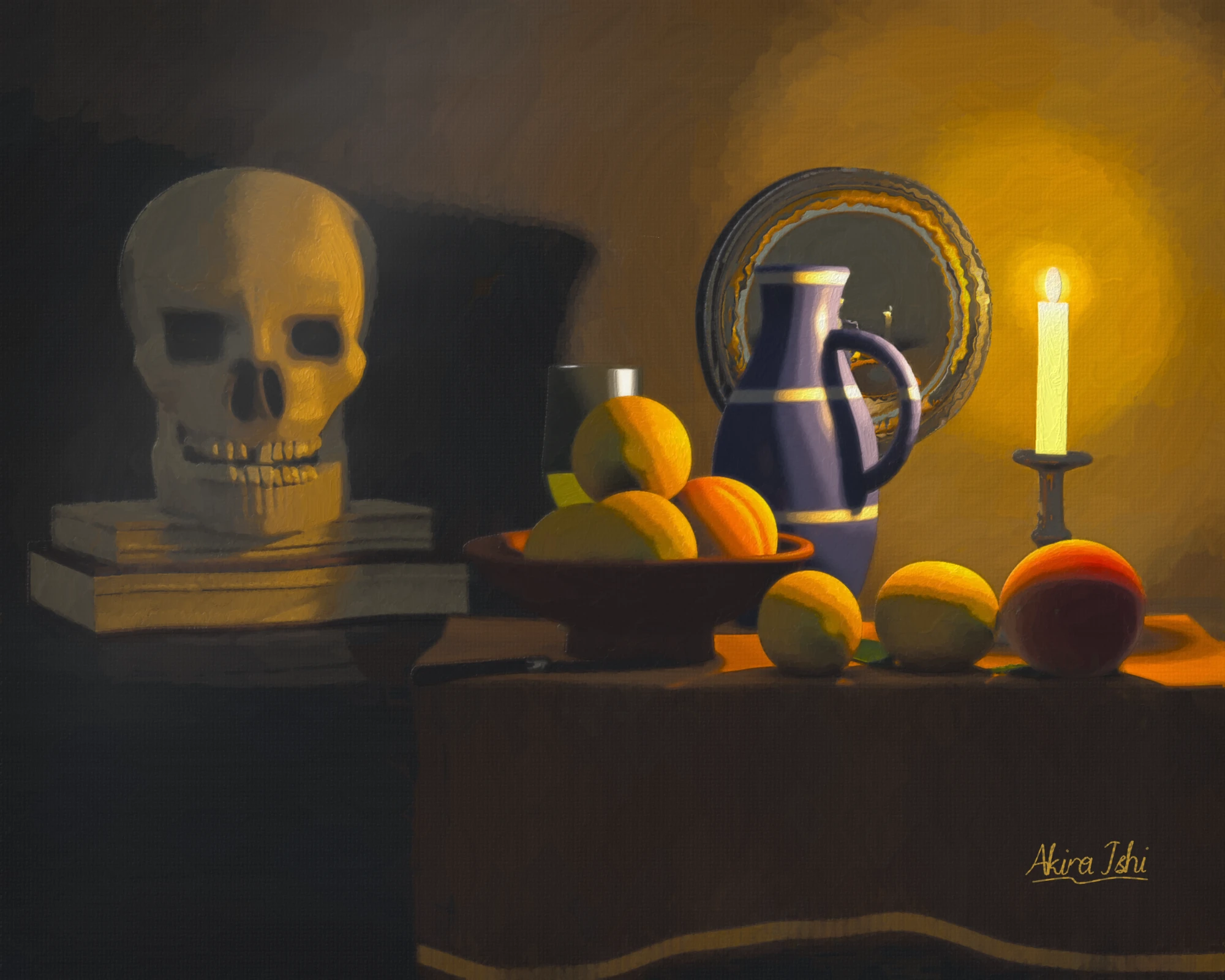 Vanitas still life: a skull on old books, a bowl of lemons and oranges, a blue jug and a lit candle in the dark