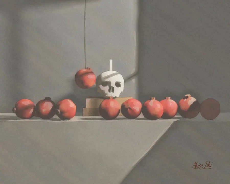 Watercolour still life: a row of pomegranates and a small skull on a pale ledge